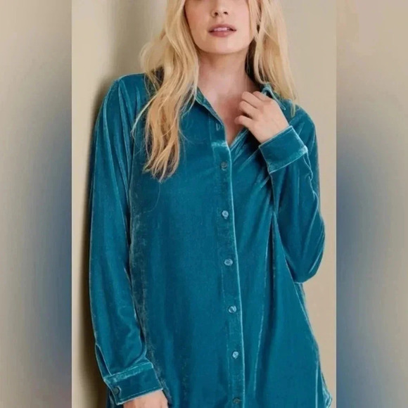 Soft Surroundings Women’s Velvet Mint Green Boyfriend Tunic Top Blouse Medium - Picture 10 of 14